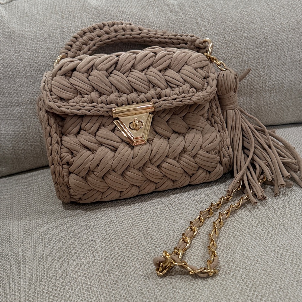 Handmade Braided Tan Handbag with Gold Crossbody Chain